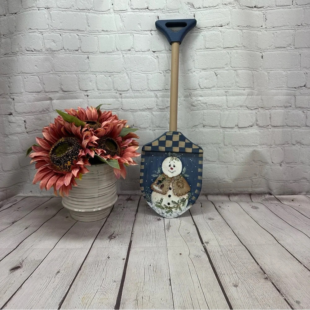vintage hand painted snowman winter décor wooden shovel cottagecore country